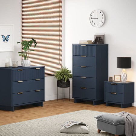 Manhattan Comfort Granville Midnight Blue 5-Drawer Tall Dresser, 3-Drawer Standard Dresser and 2-Drawer Nightstand GRAN054